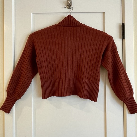 Womens‎ Cropped Ribbed Sweater Mock Turtleneck Rust Red Brown Fisherman College - Picture 3 of 8